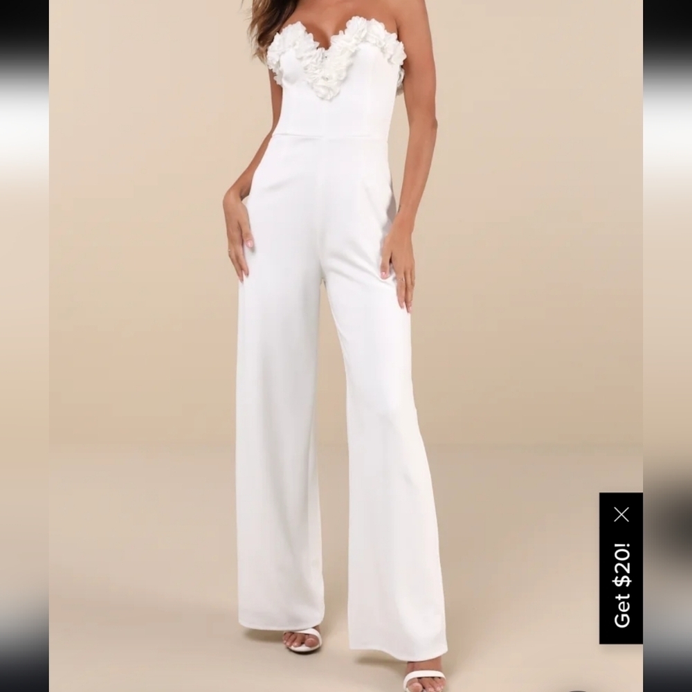 lulus Rare Allure White 3D Floral Applique Strapless Wide-Leg Jumpsuit small
